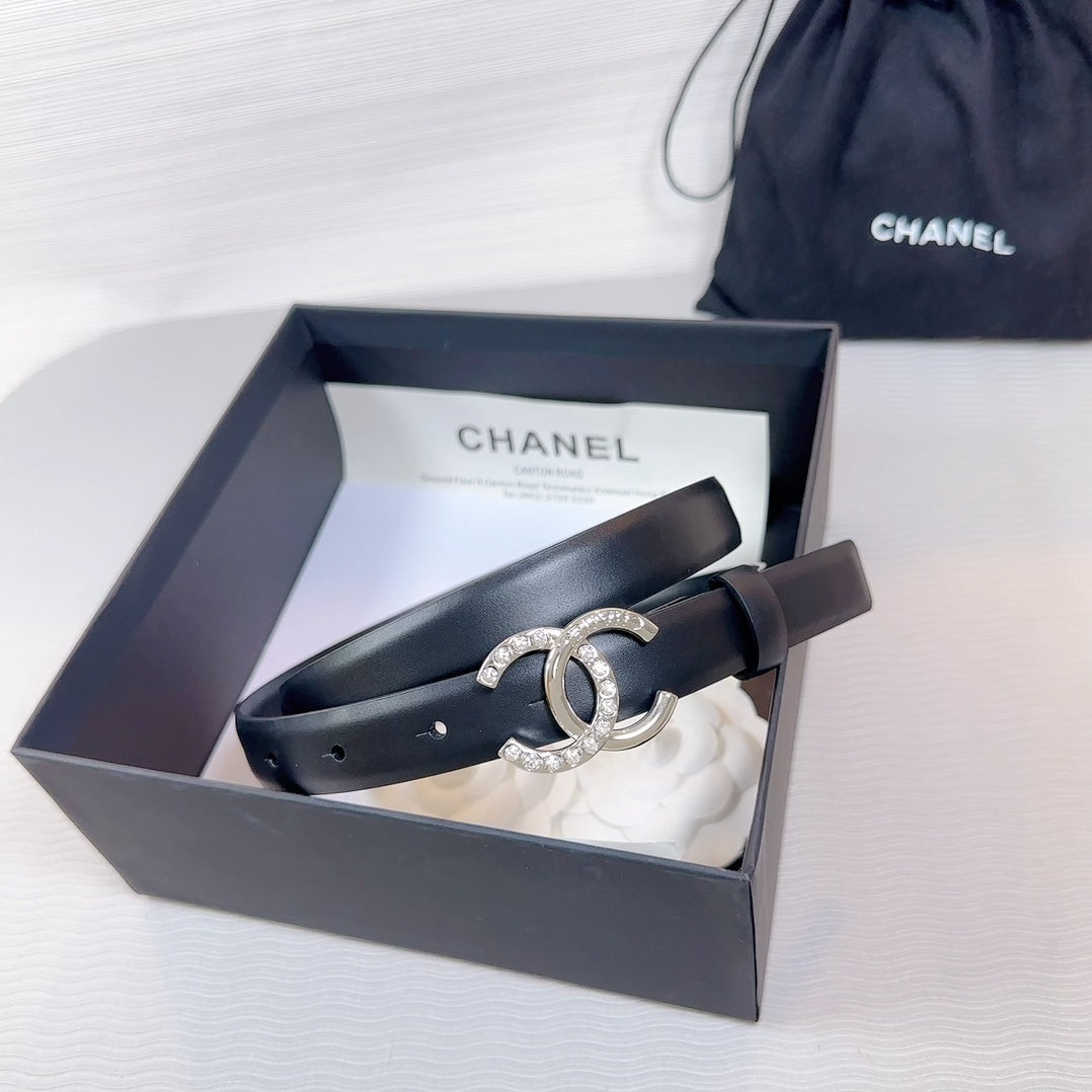 CHANEL BELT 20 MM IN BLACK SMOOTH CALFSKIN SILVER HARDWARE ATTACH RHINSTONE