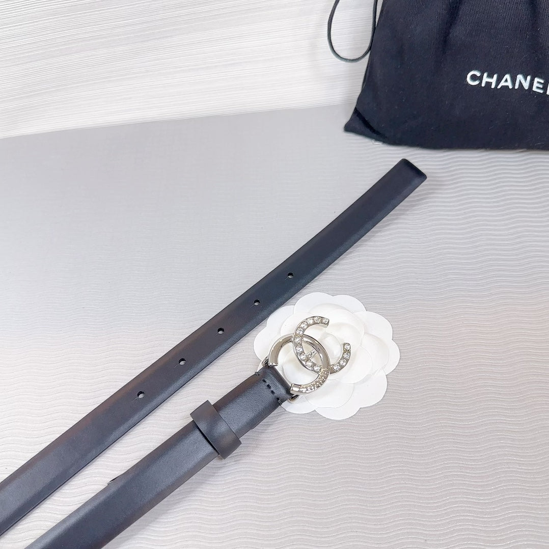 CHANEL BELT 20 MM IN BLACK SMOOTH CALFSKIN SILVER HARDWARE ATTACH RHINSTONE