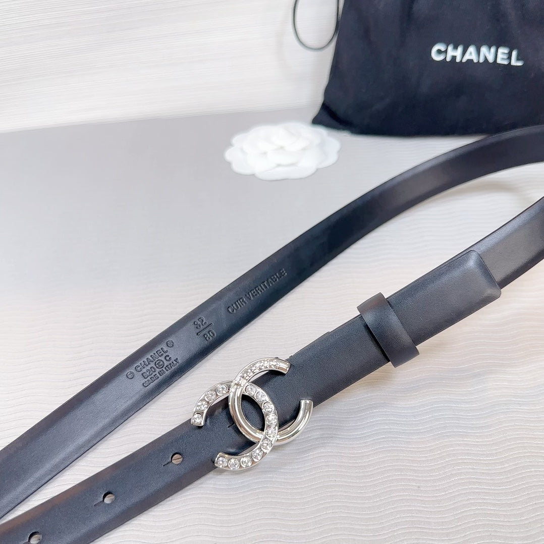 CHANEL BELT 20 MM IN BLACK SMOOTH CALFSKIN SILVER HARDWARE ATTACH RHINSTONE