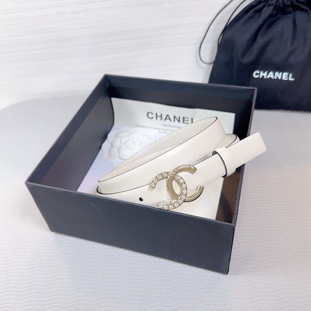 CHANEL BELT 20 MM IN BEIGE CREAM SMOOTH CALFSKIN GOLD HARDWARE ATTACH RHINSTONE