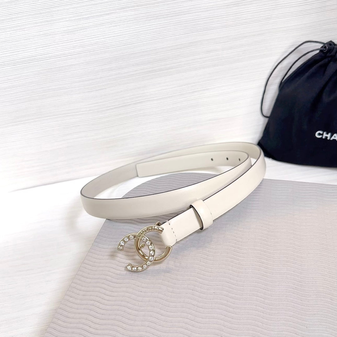 CHANEL BELT 20 MM IN BEIGE CREAM SMOOTH CALFSKIN GOLD HARDWARE ATTACH RHINSTONE