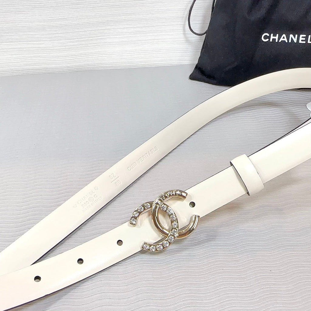 CHANEL BELT 20 MM IN BEIGE CREAM SMOOTH CALFSKIN GOLD HARDWARE ATTACH RHINSTONE