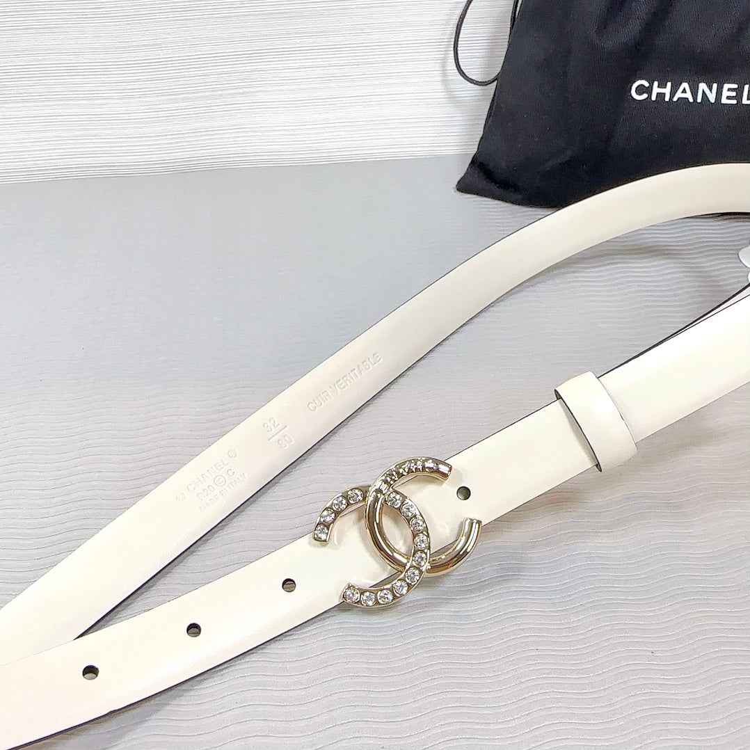 CHANEL BELT 20 MM IN BEIGE CREAM SMOOTH CALFSKIN GOLD HARDWARE ATTACH RHINSTONE