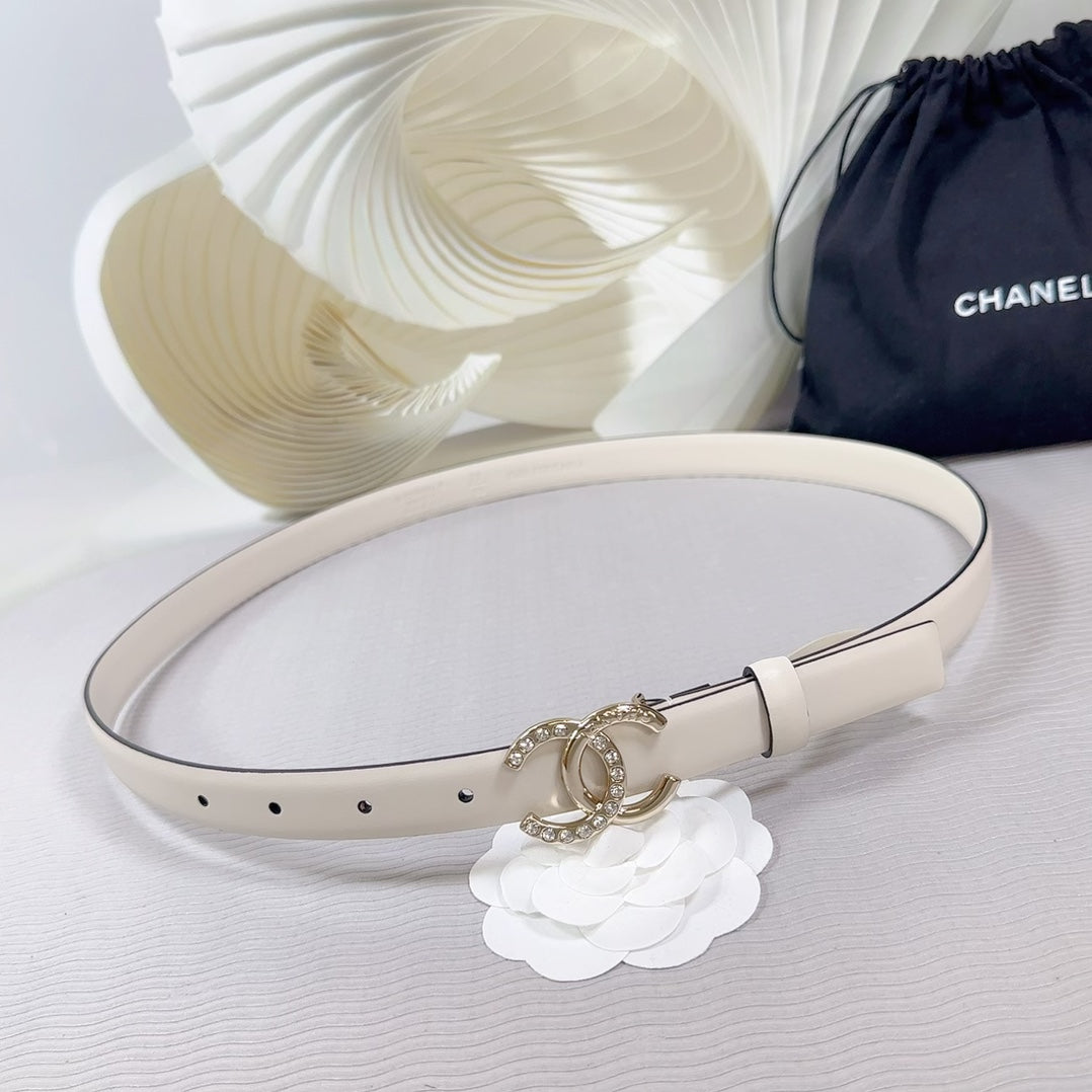 CHANEL BELT 20 MM IN BEIGE CREAM SMOOTH CALFSKIN GOLD HARDWARE ATTACH RHINSTONE