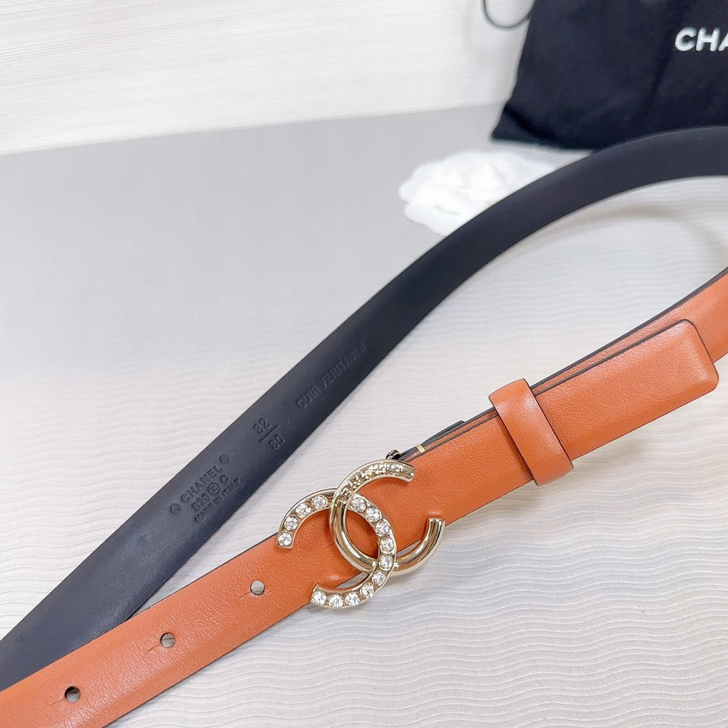 CHANEL BELT 20 MM IN BRONZE BROWN SMOOTH CALFSKIN GOLD HARDWARE ATTACH RHINSTONE