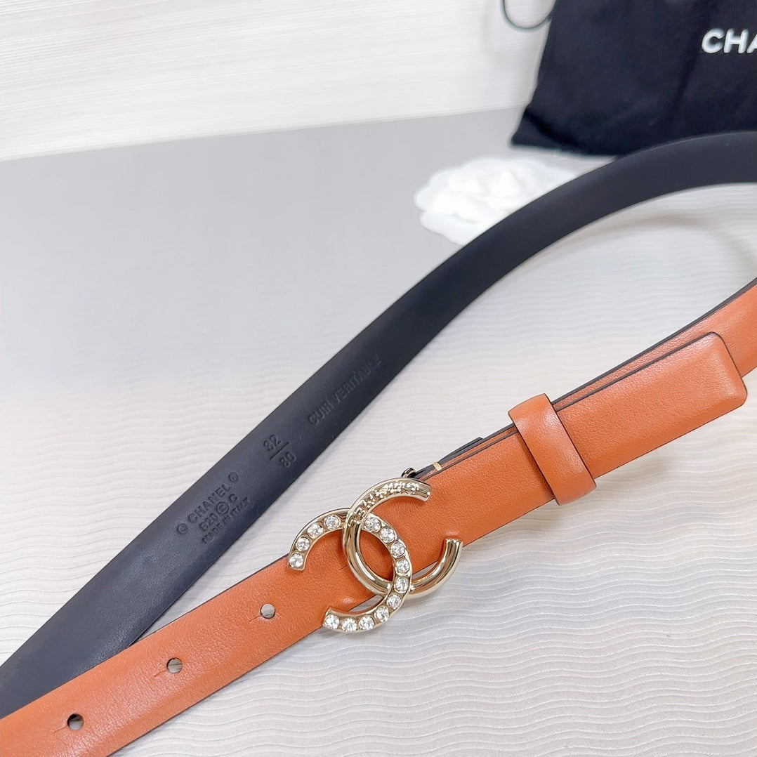 CHANEL BELT 20 MM IN BRONZE BROWN SMOOTH CALFSKIN GOLD HARDWARE ATTACH RHINSTONE