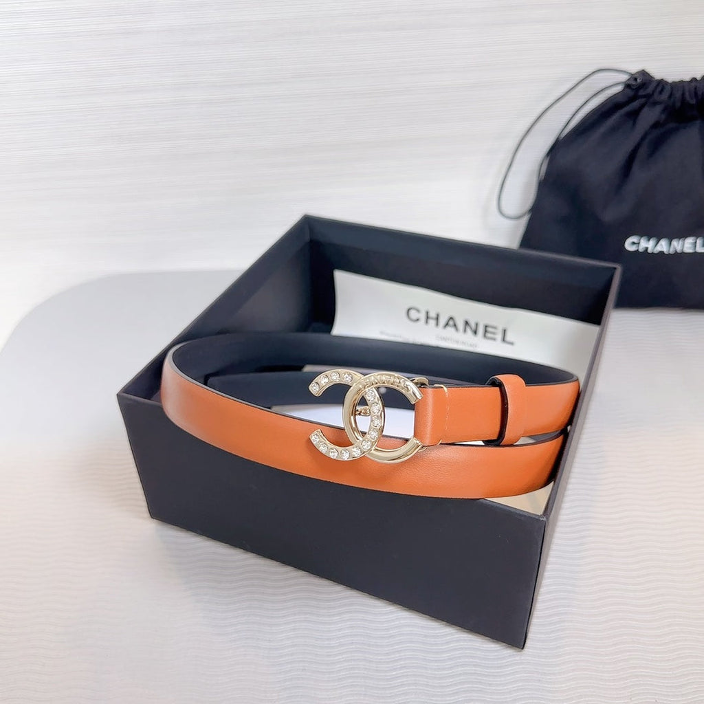 CHANEL BELT 20 MM IN BRONZE BROWN SMOOTH CALFSKIN GOLD HARDWARE ATTACH RHINSTONE
