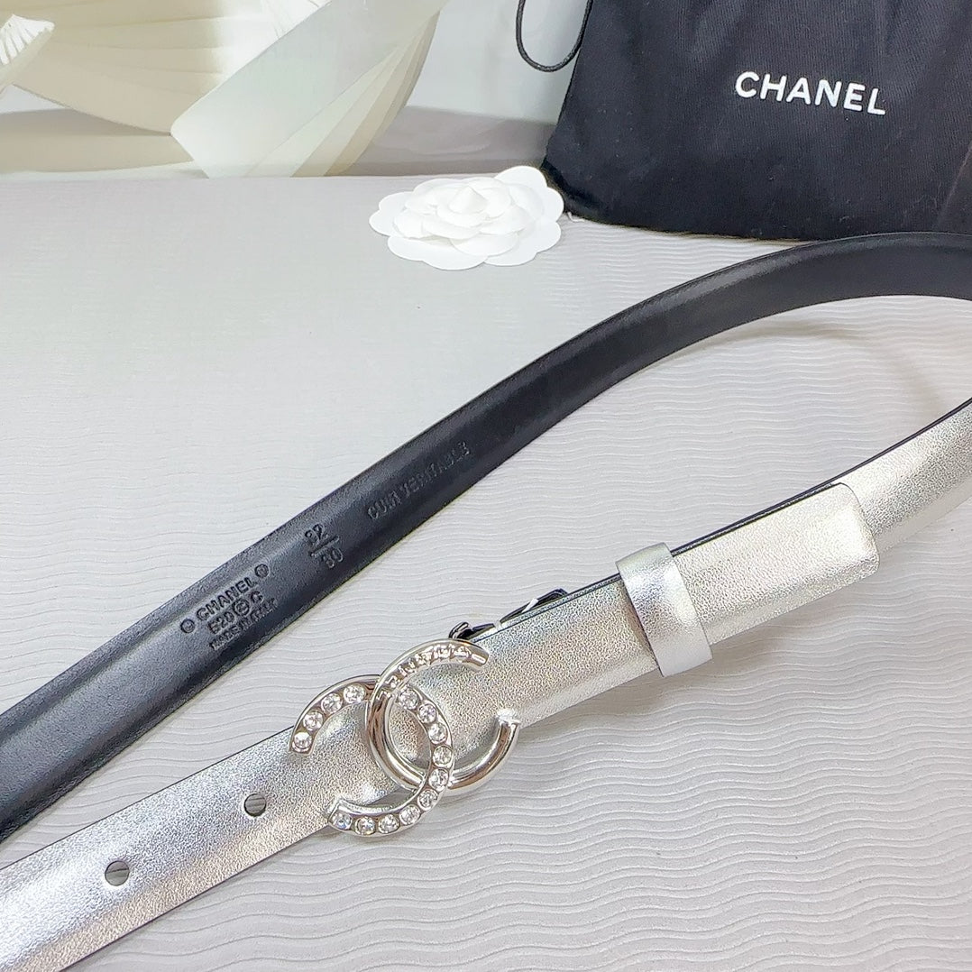 CHANEL BELT 20 MM IN SILVER SMOOTH CALFSKIN SILVER HARDWARE ATTACH RHINSTONE