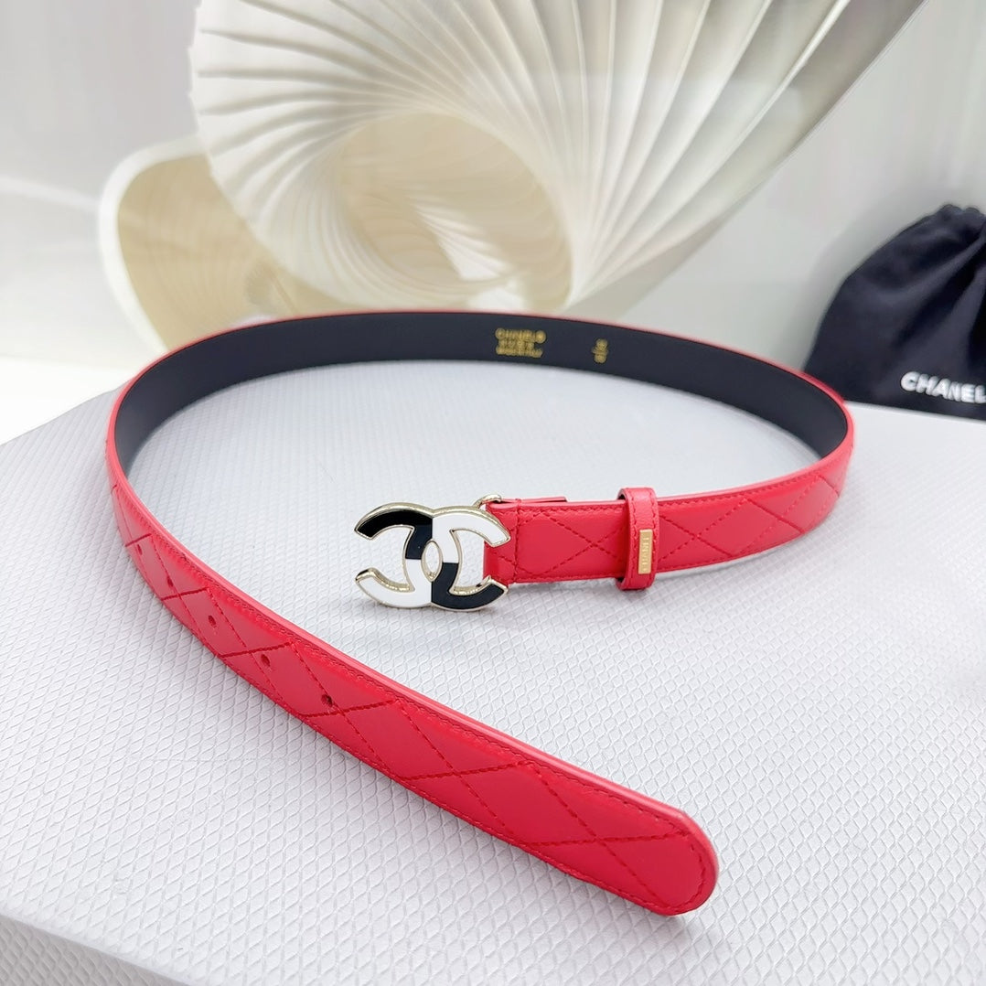CHANEL BELT 30 MM CHERRY RED CALFSKIN WITH BLACK MIX WHITE LOGO