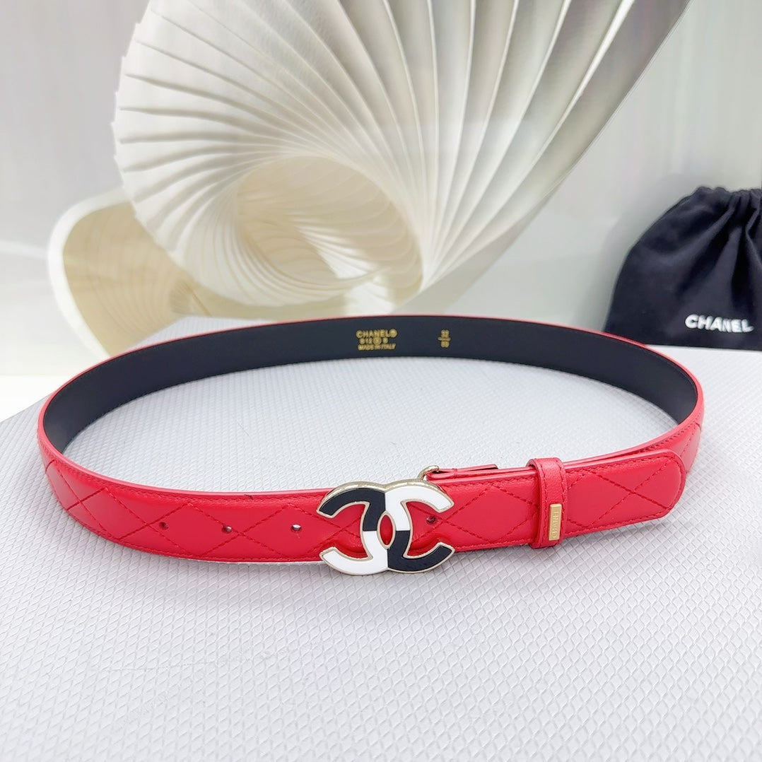 CHANEL BELT 30 MM CHERRY RED CALFSKIN WITH BLACK MIX WHITE LOGO