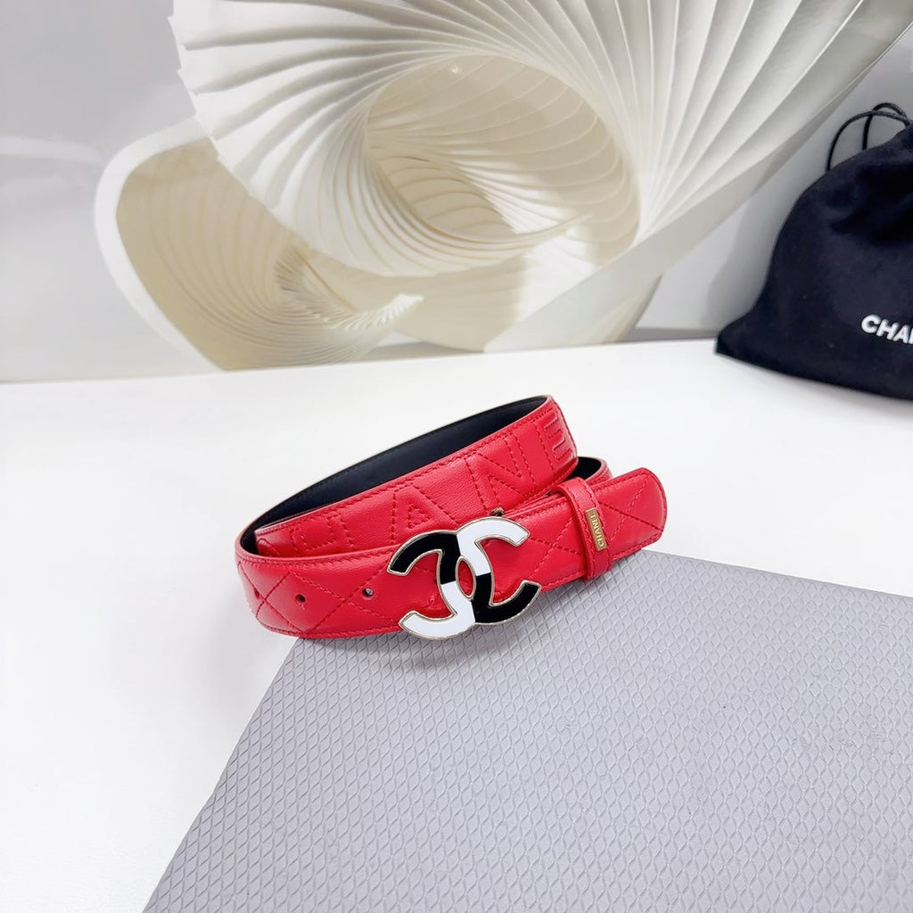 CHANEL BELT 30 MM CHERRY RED CALFSKIN WITH BLACK MIX WHITE LOGO
