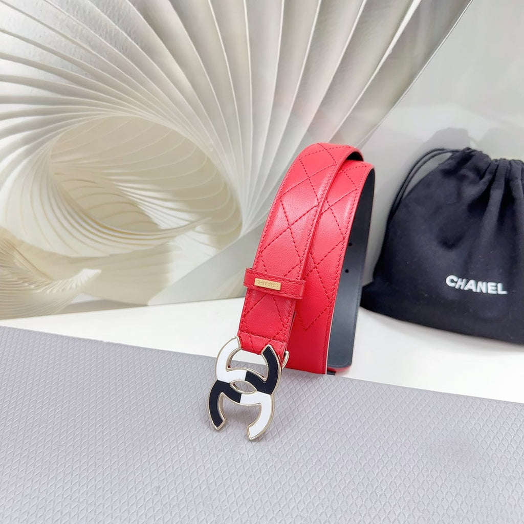 CHANEL BELT 30 MM CHERRY RED CALFSKIN WITH BLACK MIX WHITE LOGO
