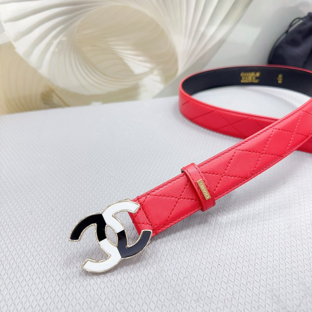 CHANEL BELT 30 MM CHERRY RED CALFSKIN WITH BLACK MIX WHITE LOGO