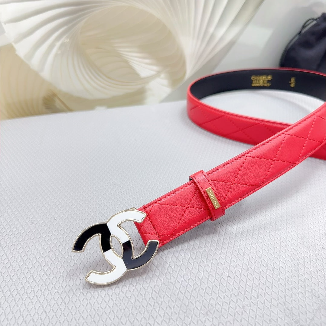 CHANEL BELT 30 MM CHERRY RED CALFSKIN WITH BLACK MIX WHITE LOGO