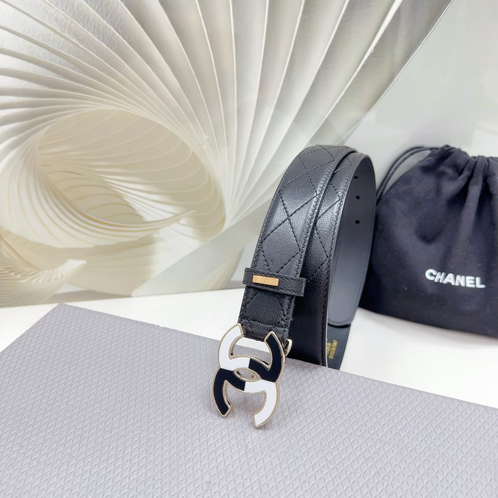 CHANEL BELT 30 MM BLACK CALFSKIN WITH BLACK MIX WHITE LOGO