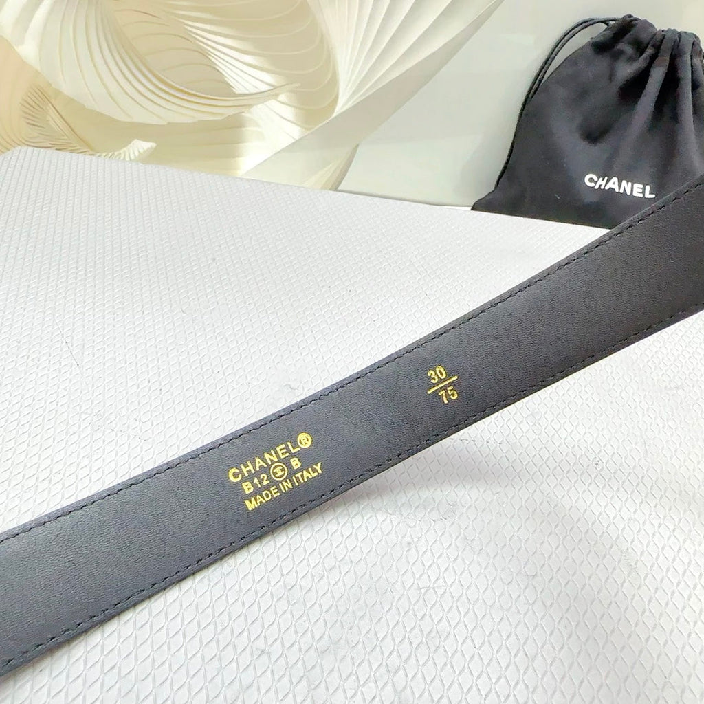 CHANEL BELT 30 MM BLACK CALFSKIN WITH BLACK MIX WHITE LOGO