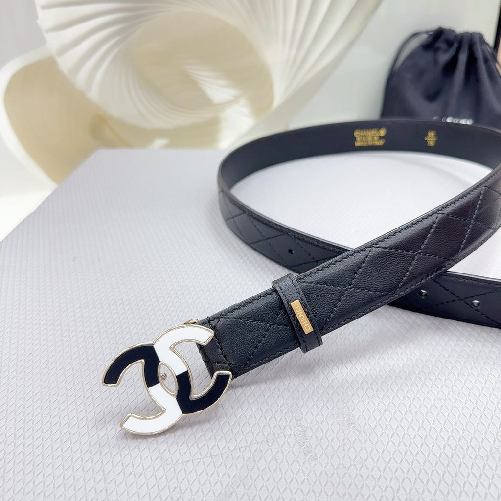 CHANEL BELT 30 MM BLACK CALFSKIN WITH BLACK MIX WHITE LOGO