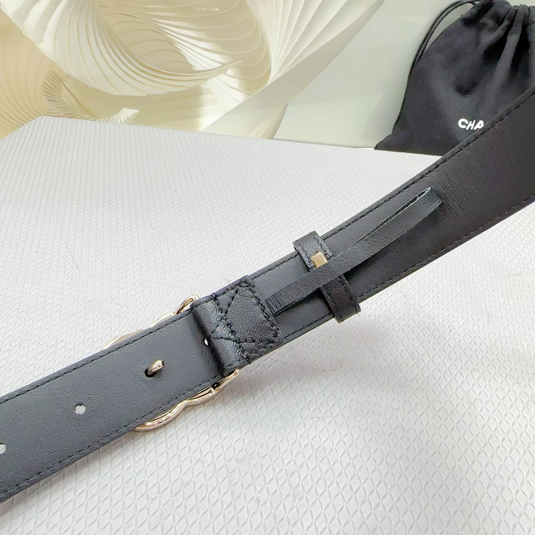 CHANEL BELT 30 MM BLACK CALFSKIN WITH BLACK MIX WHITE LOGO
