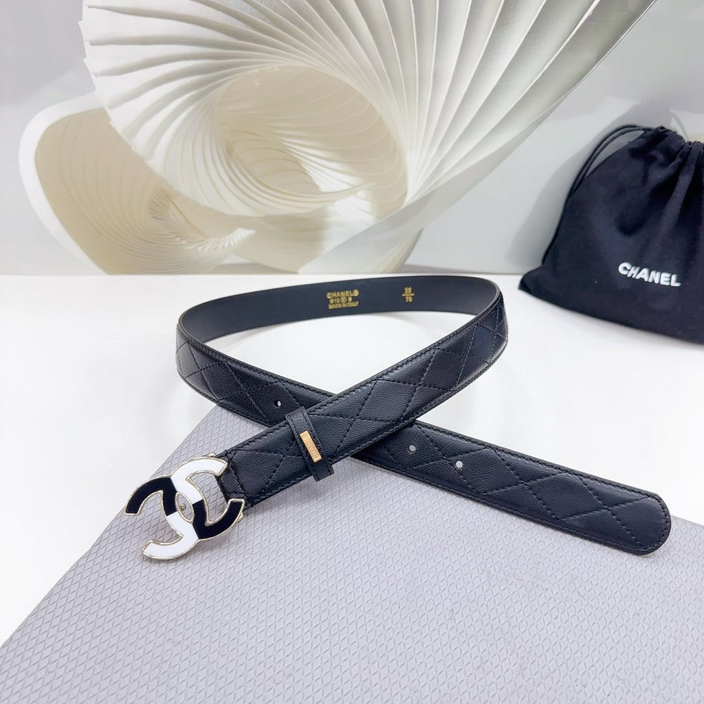 CHANEL BELT 30 MM BLACK CALFSKIN WITH BLACK MIX WHITE LOGO