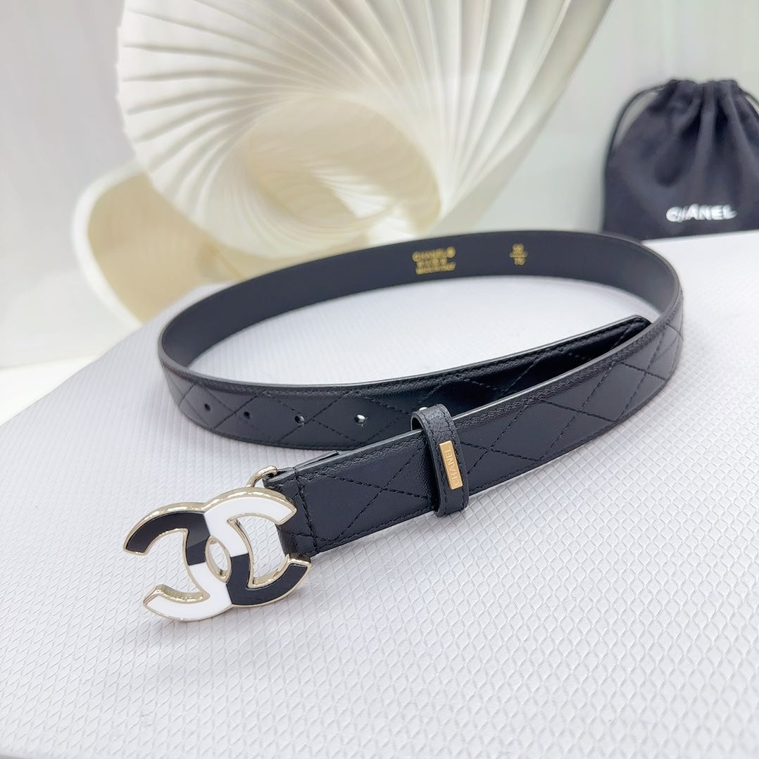CHANEL BELT 30 MM BLACK CALFSKIN WITH BLACK MIX WHITE LOGO