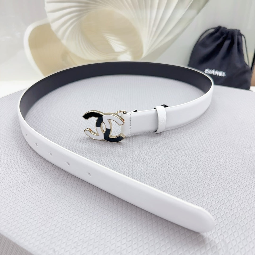 CHANEL BELT 30 MM BLACK MIX WHITE CALFSKIN WITH METAL LOGO