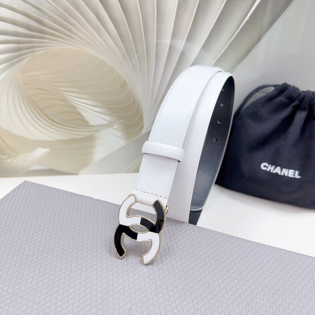 CHANEL BELT 30 MM BLACK MIX WHITE CALFSKIN WITH METAL LOGO