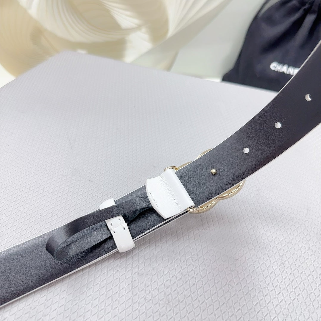 CHANEL BELT 30 MM BLACK MIX WHITE CALFSKIN WITH METAL LOGO