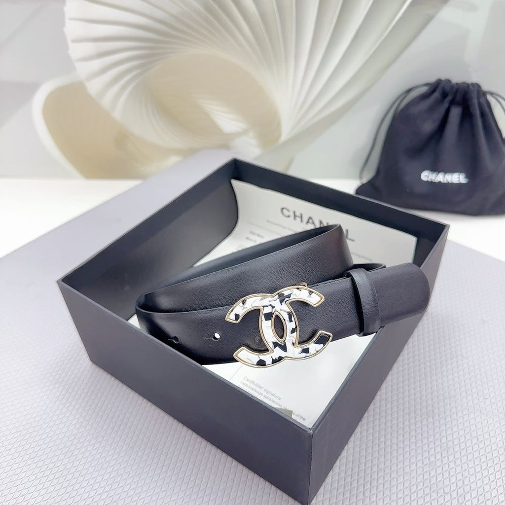 CHANEL 30MM BELT IN BLACK SHINNY CALFSKIN WHITE LOGO