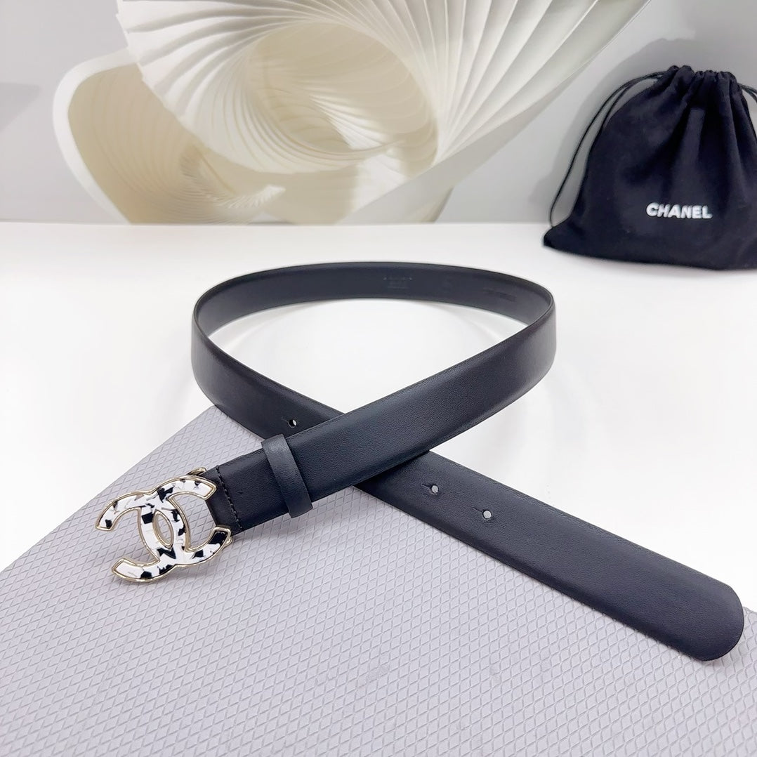 CHANEL 30MM BELT IN BLACK SHINNY CALFSKIN WHITE LOGO