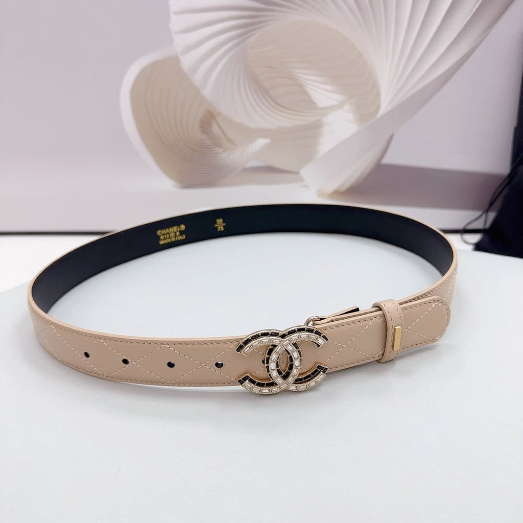 CHANEL 30MM BELT IN BEIGE CREAM EMBROIDERED CALFSKIN METAL HARDWARE