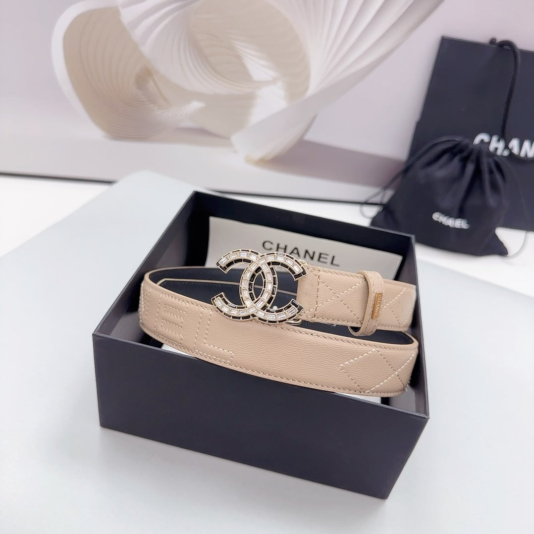 CHANEL 30MM BELT IN BEIGE CREAM EMBROIDERED CALFSKIN METAL HARDWARE