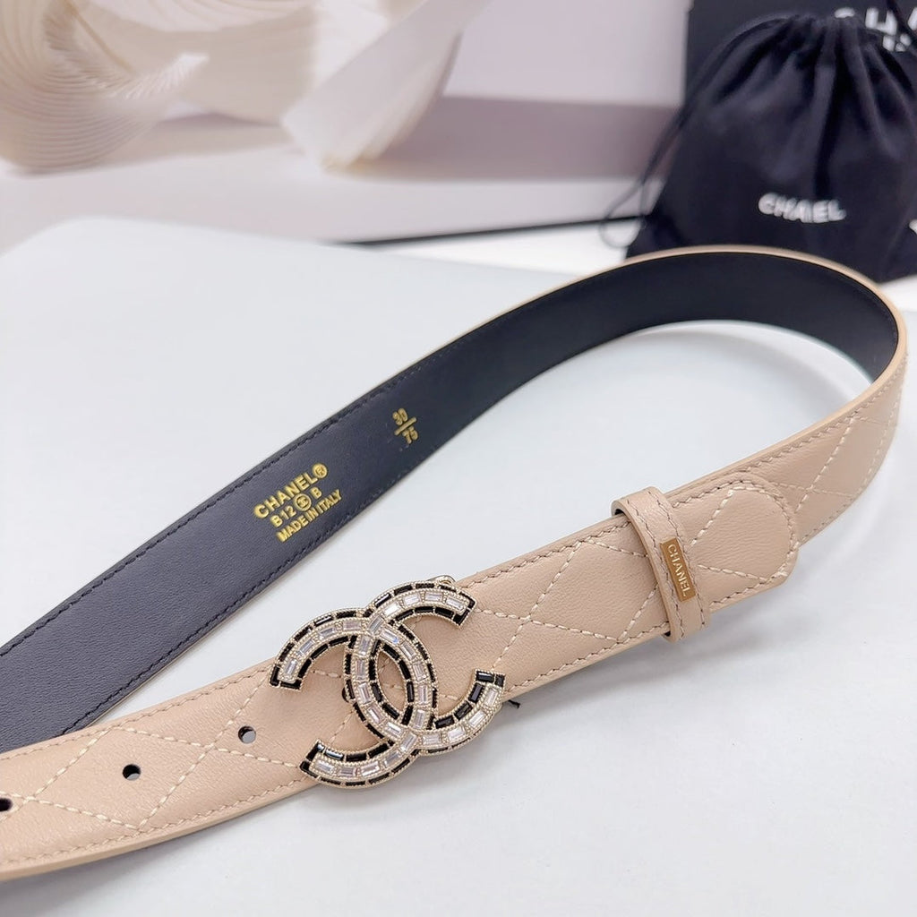 CHANEL 30MM BELT IN BEIGE CREAM EMBROIDERED CALFSKIN METAL HARDWARE