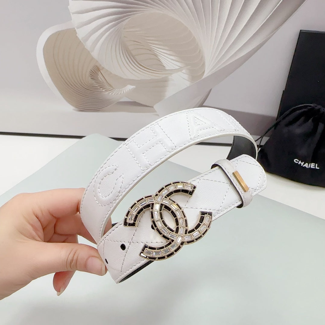 CHANEL 30MM BELT IN WHITE EMBROIDERED CALFSKIN METAL HARDWARE