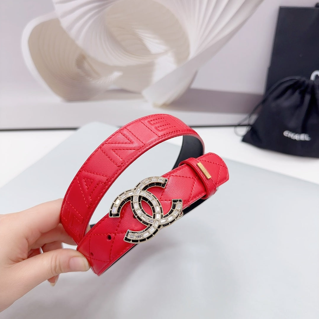 CHANEL 30MM BELT IN CHERRY RED EMBROIDERED CALFSKIN METAL HARDWARE