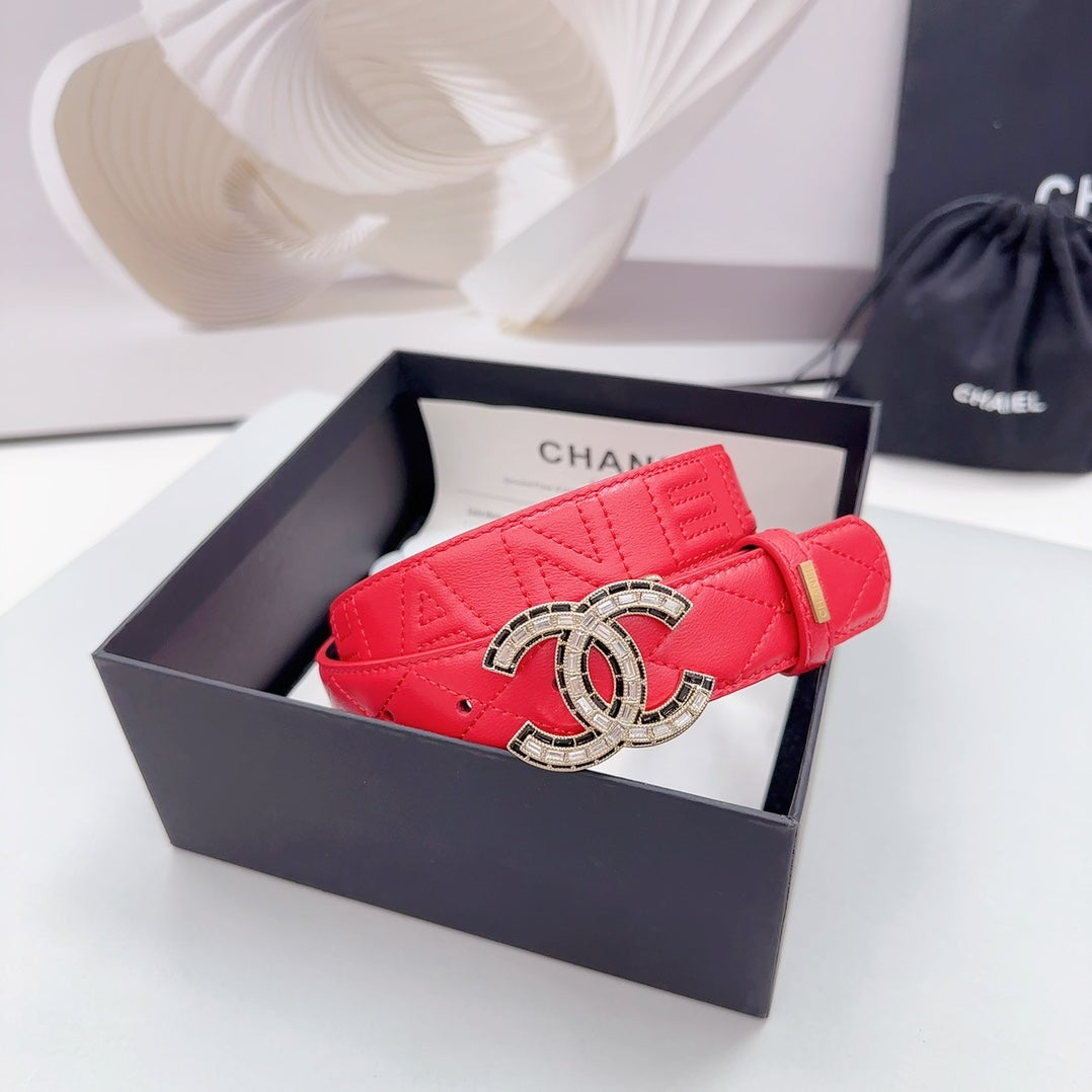 CHANEL 30MM BELT IN CHERRY RED EMBROIDERED CALFSKIN METAL HARDWARE