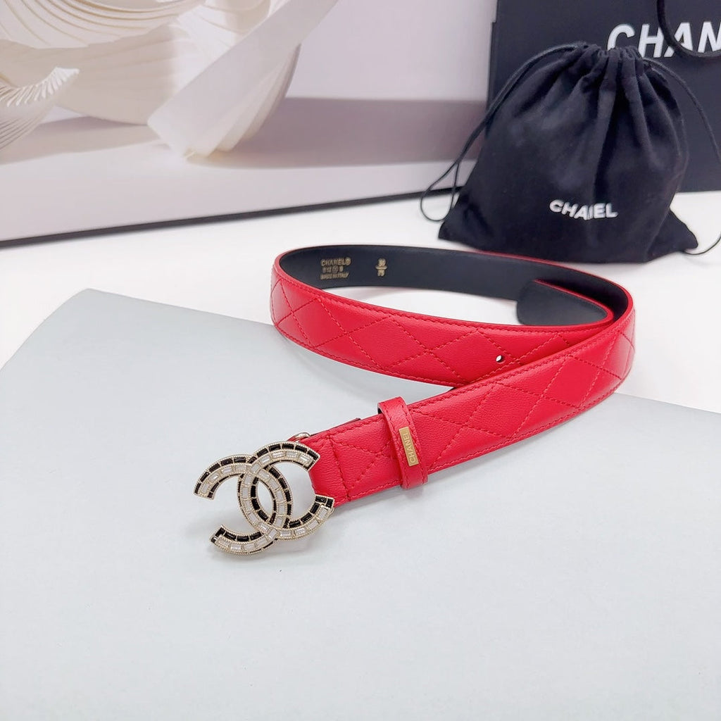 CHANEL 30MM BELT IN CHERRY RED EMBROIDERED CALFSKIN METAL HARDWARE