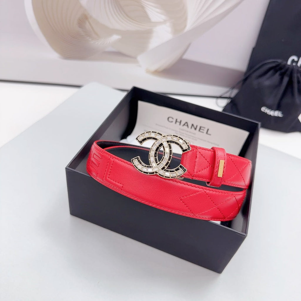 CHANEL 30MM BELT IN CHERRY RED EMBROIDERED CALFSKIN METAL HARDWARE