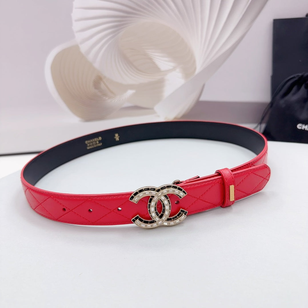 CHANEL 30MM BELT IN CHERRY RED EMBROIDERED CALFSKIN METAL HARDWARE
