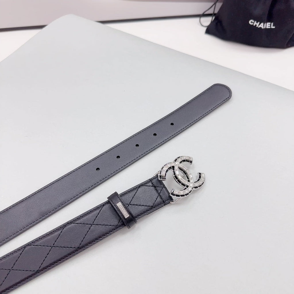 CHANEL 30MM BELT IN BLACK EMBROIDERED CALFSKIN SILVER HARDWARE