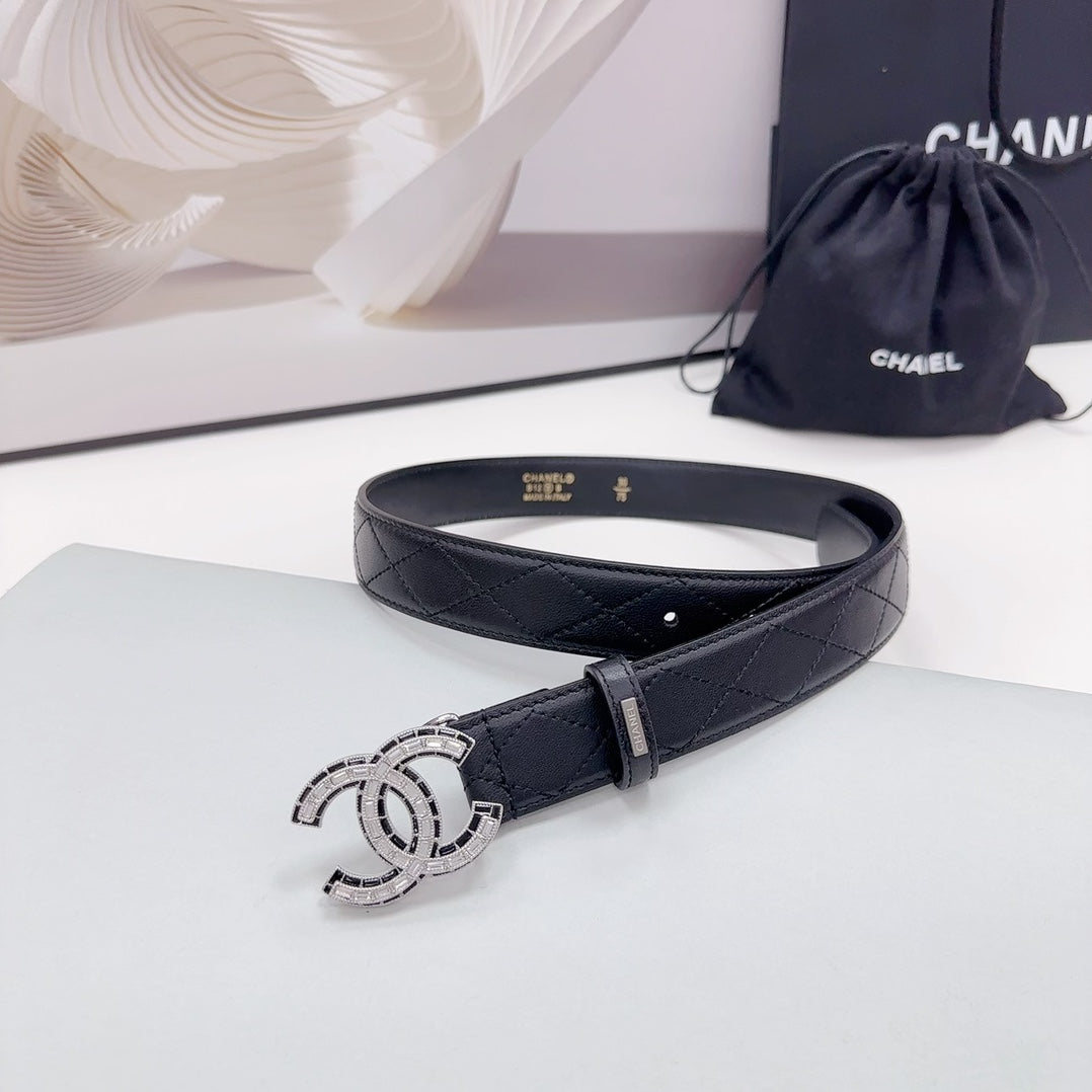 CHANEL 30MM BELT IN BLACK EMBROIDERED CALFSKIN SILVER HARDWARE