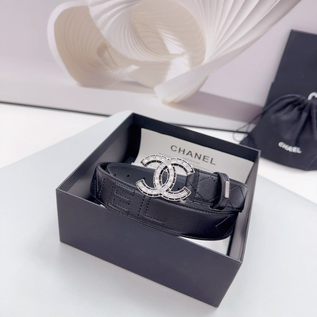 CHANEL 30MM BELT IN BLACK EMBROIDERED CALFSKIN SILVER HARDWARE