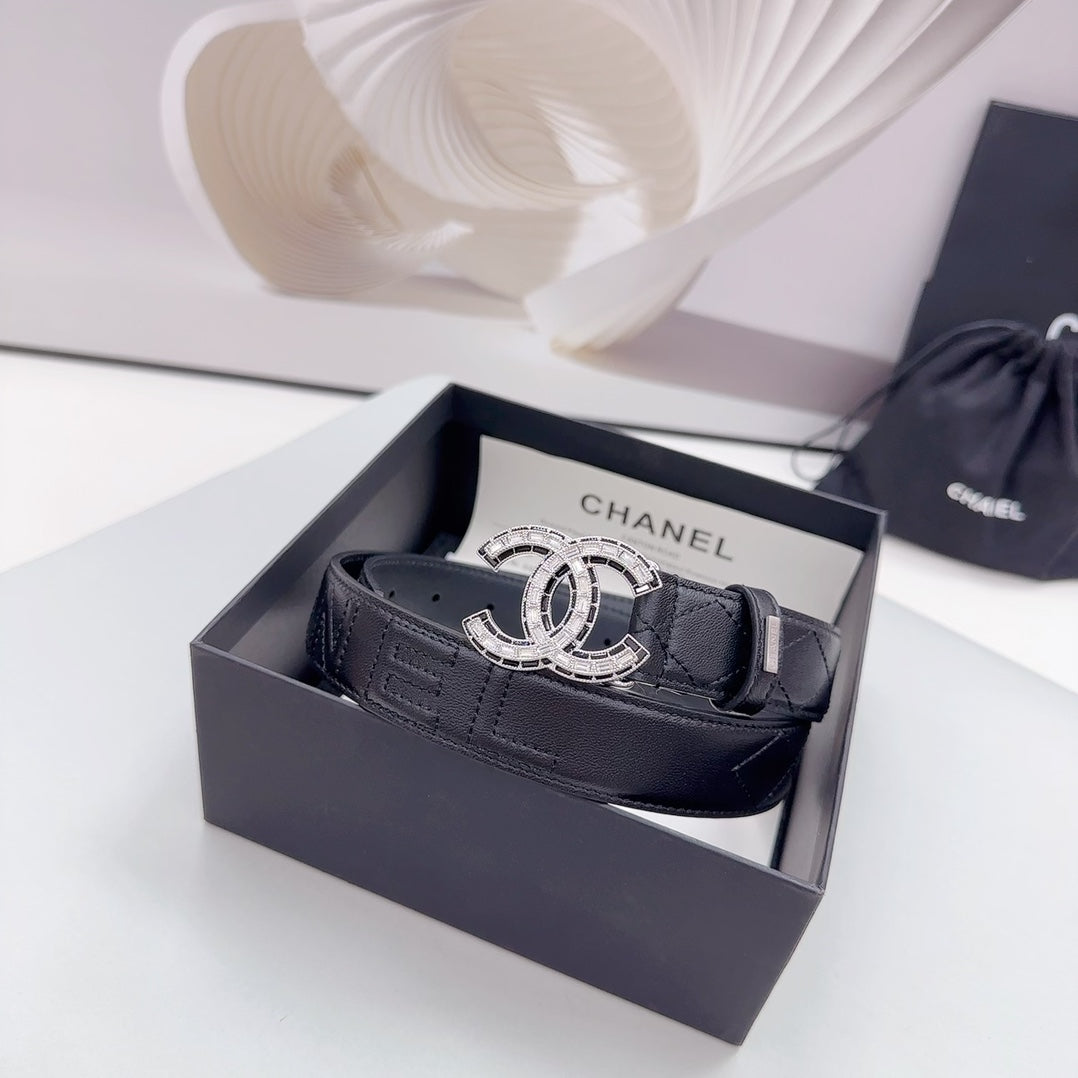 CHANEL 30MM BELT IN BLACK EMBROIDERED CALFSKIN SILVER HARDWARE
