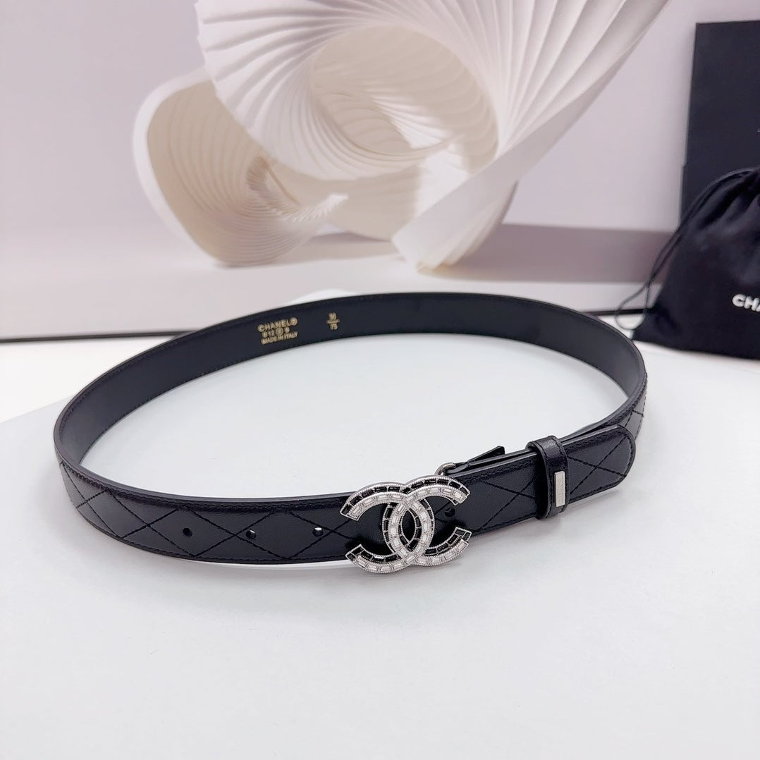 CHANEL 30MM BELT IN BLACK EMBROIDERED CALFSKIN SILVER HARDWARE