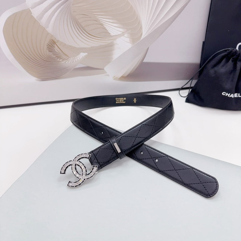 CHANEL 30MM BELT IN BLACK EMBROIDERED CALFSKIN SILVER HARDWARE