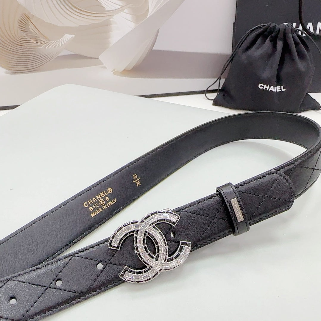 CHANEL 30MM BELT IN BLACK EMBROIDERED CALFSKIN SILVER HARDWARE