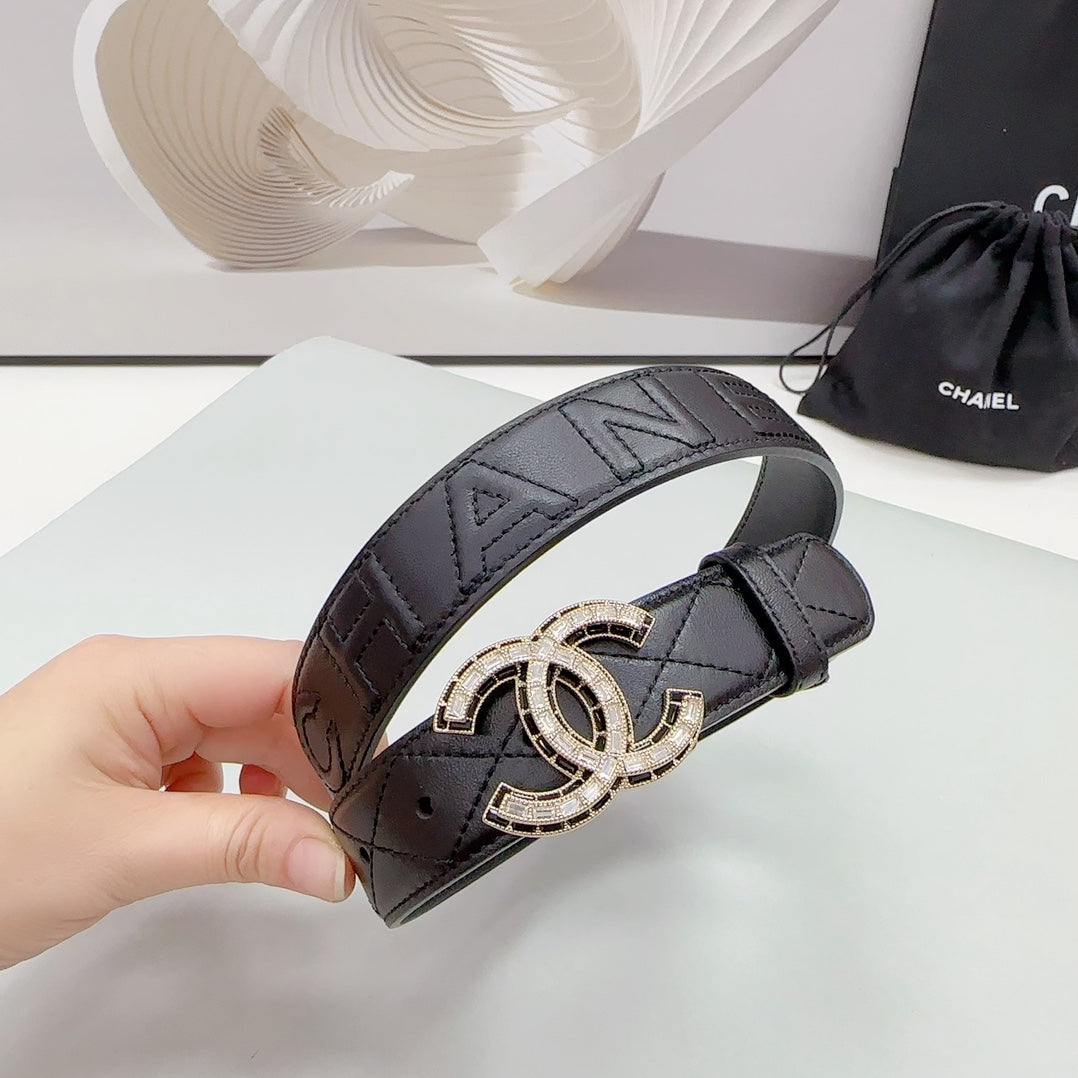 CHANEL 30MM BELT IN BLACK EMBROIDERED CALFSKIN GOLD HARDWARE