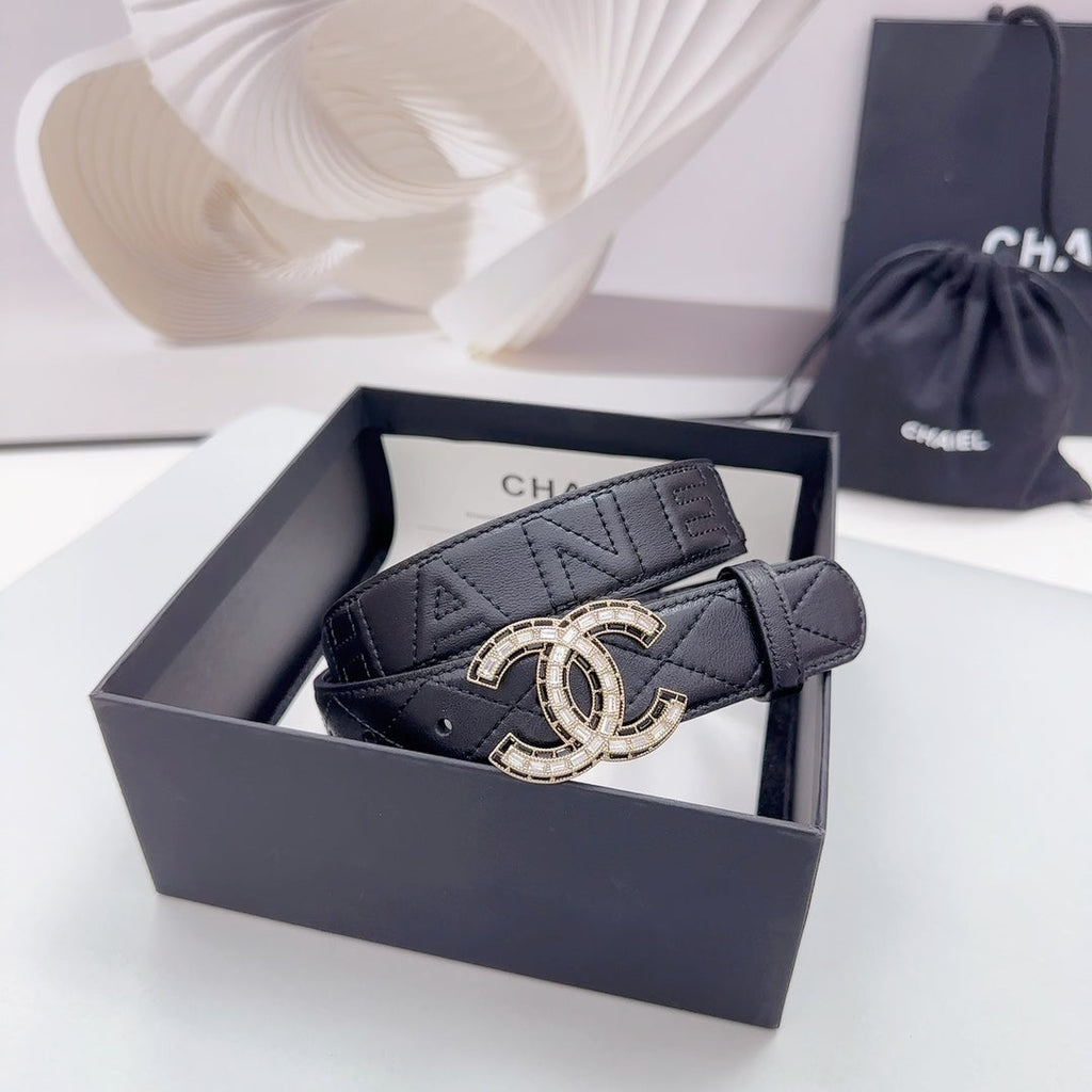 CHANEL 30MM BELT IN BLACK EMBROIDERED CALFSKIN GOLD HARDWARE