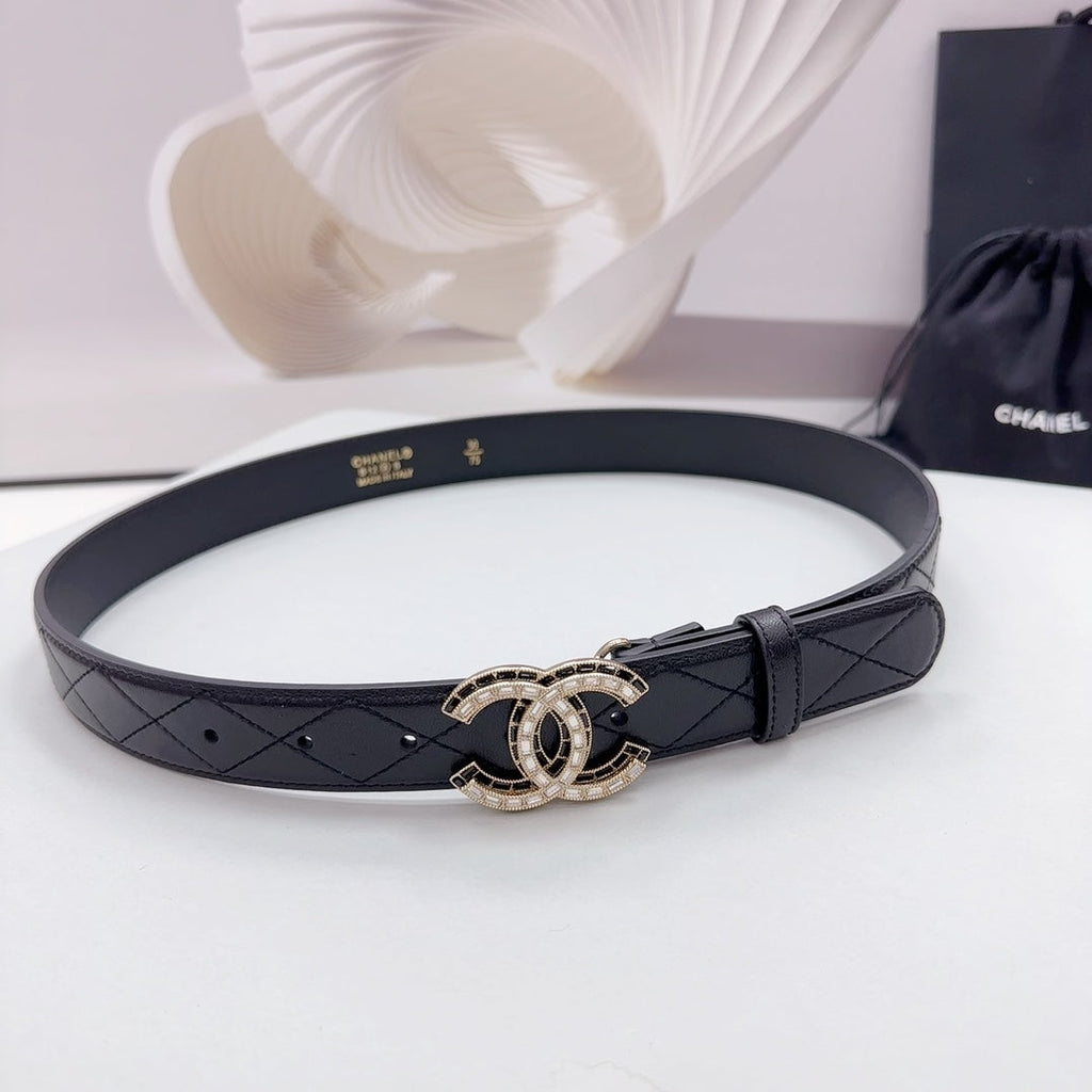 CHANEL 30MM BELT IN BLACK EMBROIDERED CALFSKIN GOLD HARDWARE