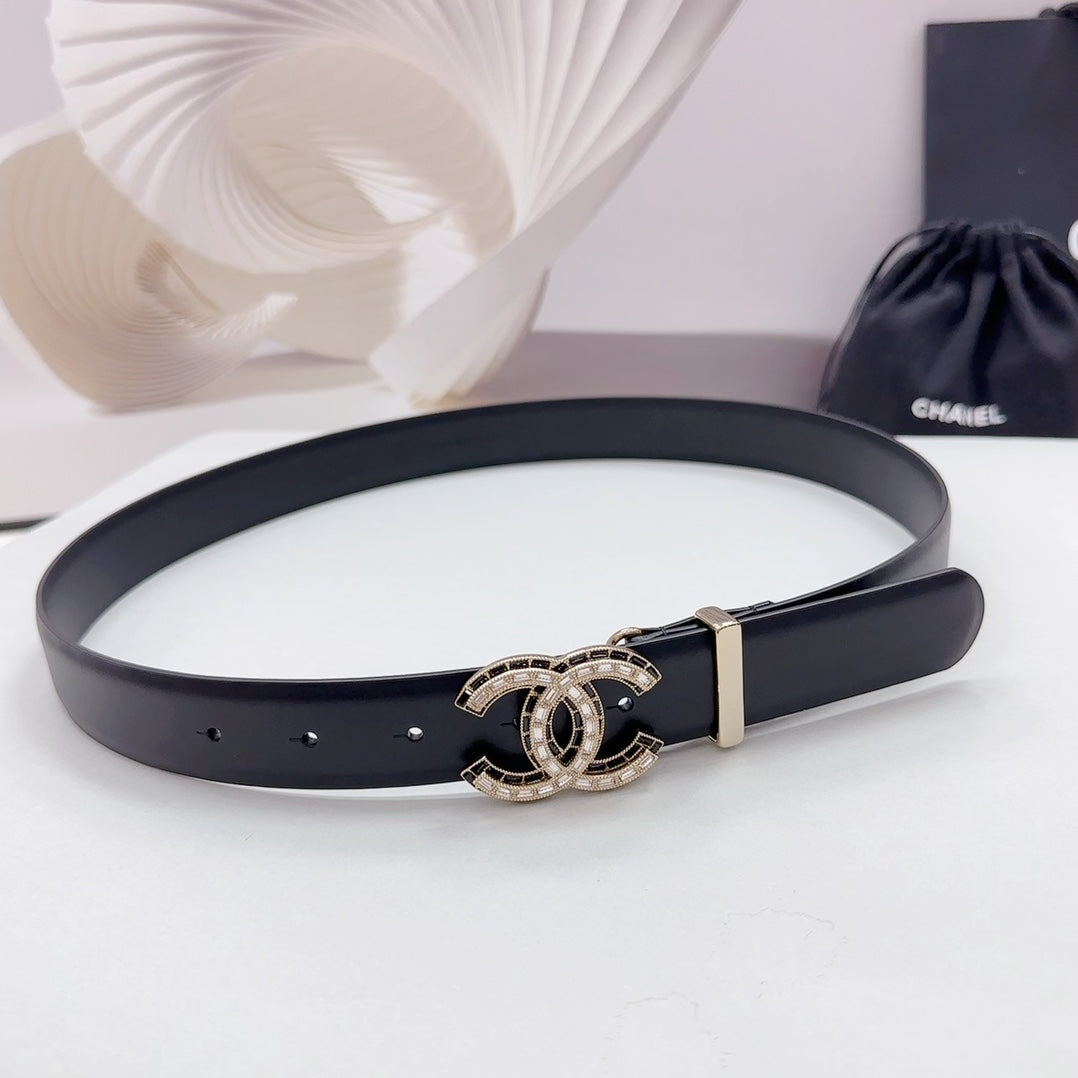 CHANEL 30MM BELT IN BLACK SMOOTH CALFSKIN METAL LOGO