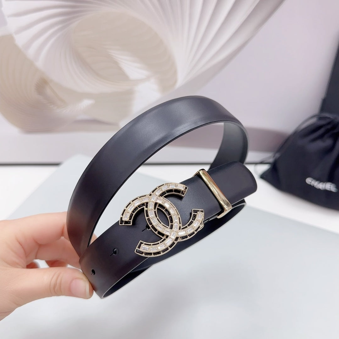 CHANEL 30MM BELT IN BLACK SMOOTH CALFSKIN METAL LOGO